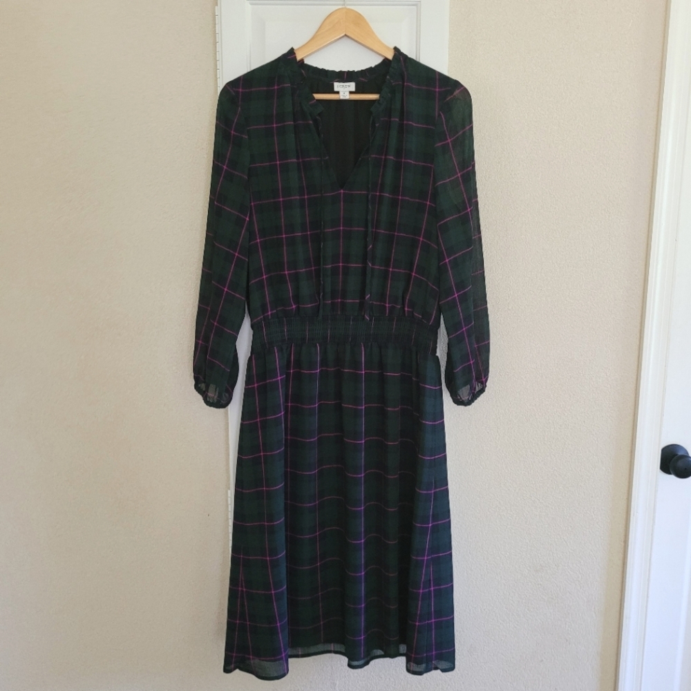 J. Crew Green Plaid Long Sleeve Tie-Neck Midi Dress Size Medium